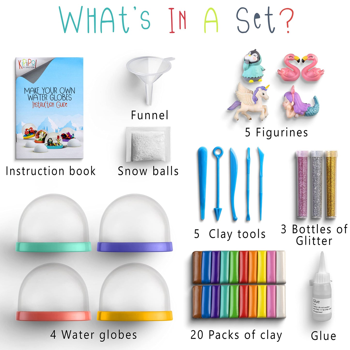 Kipipol Snow Globe Making Kit for Kids - Make Your Own Snow Globes for Girls w/ 4 DIY Snowglobe, 5 Figures, 20 Packs of Modeling