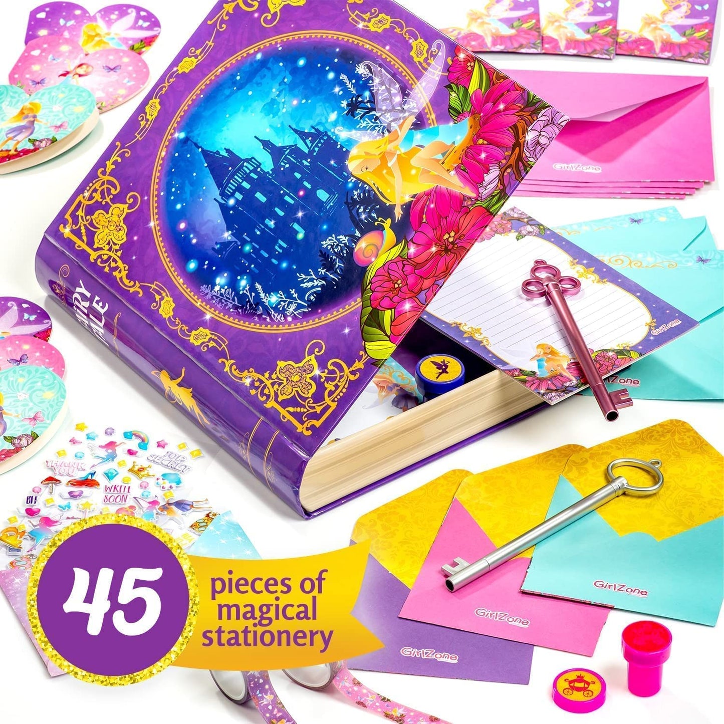 Girlzone Fairytale Writing Set, 45-Piece Fairy Stationery Kit With Paper Sheets, Cards, Stickers And Stampers In A Storybook Box, Magical Gift Idea, Perfect For Valentine And Easter Gifts