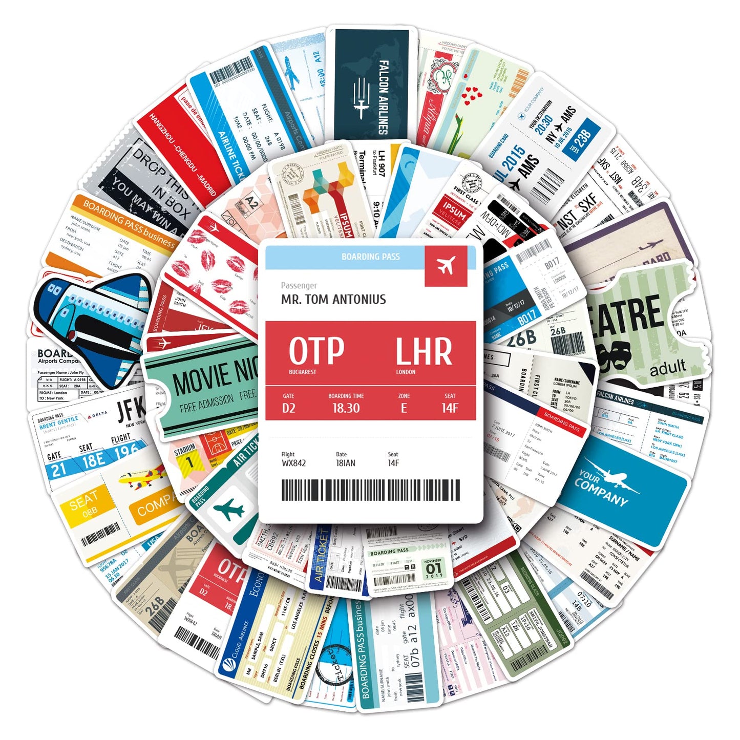 Airline Ticket Sticker Pack Of 52 Boarding Pass Stickers Air Ticket Decals For Laptops Hydro Flasks Water Bottles Luggage Helmet