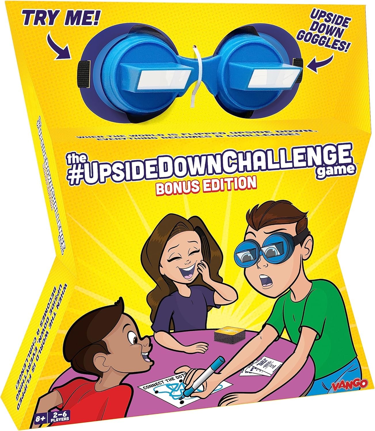 Vango UpsideDownChallenge Game - Fun Challenges with Goggles, Ages 8+, 2-6 Players, Blue, Bonus Edition with 30 Extra Challenges, Model VNG070B