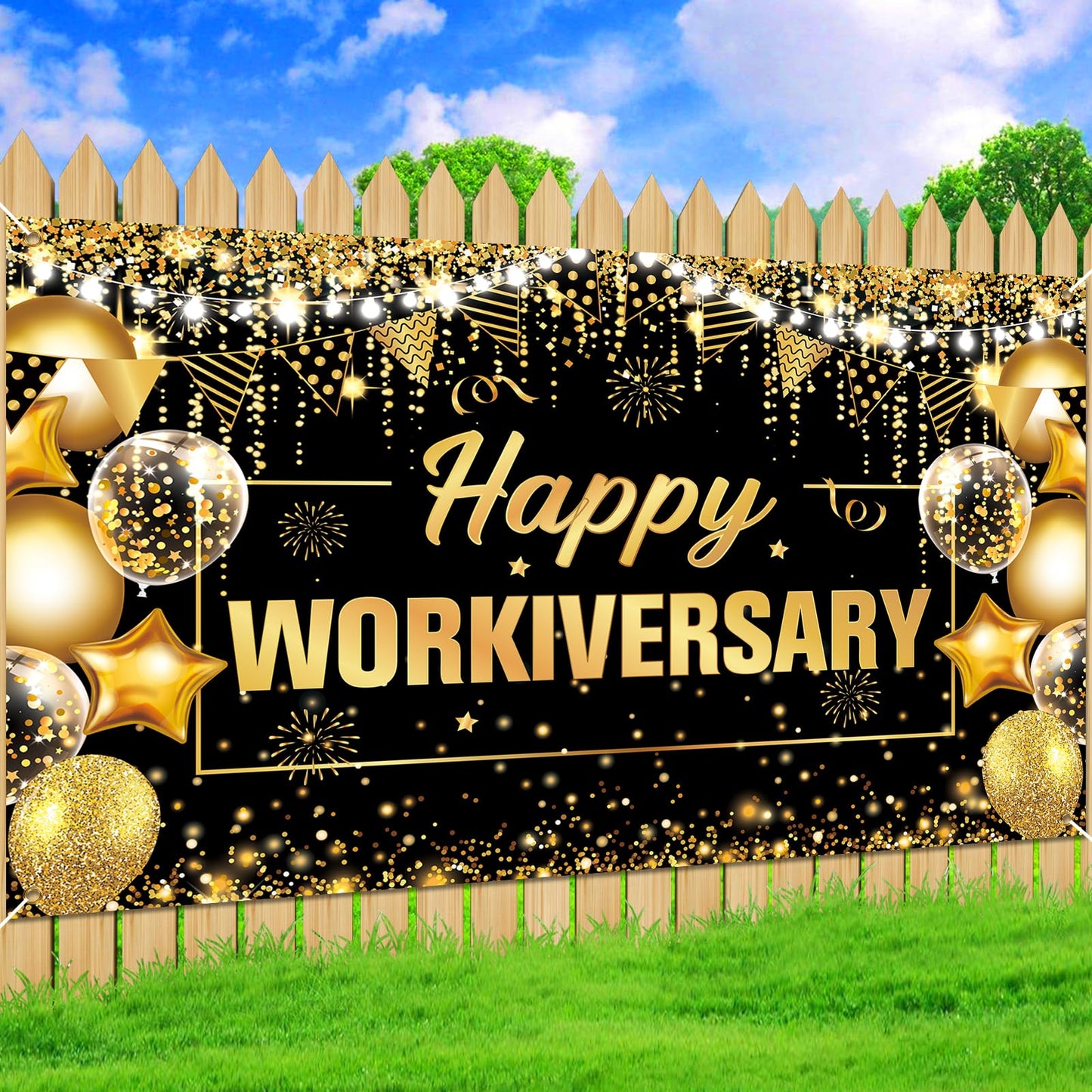 Yoirrat Happy Work Anniversary Banner - Gold & Black Polyester Backdrop, 70.8" x 43.3" for Employee Appreciation