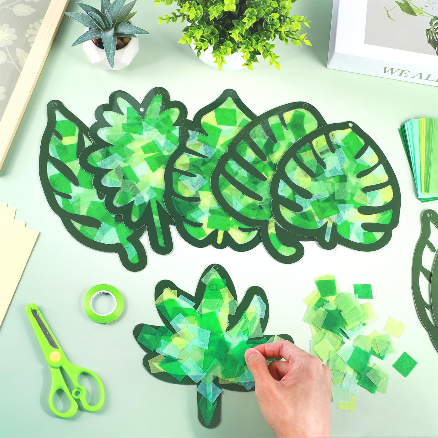Qyeahkj 36 Set Summer Suncatchers Crafts for Kids DIY Hawaiian Palm Leaves Window Tissue Paper Crafts Kit Green Leaf Hanging Dec