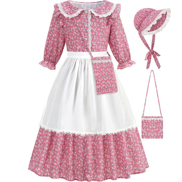 Aoiviss Girls Pioneer Costume Floral Colonial Prairie Dress for Little Kids with Apron and Bonnet, Pink