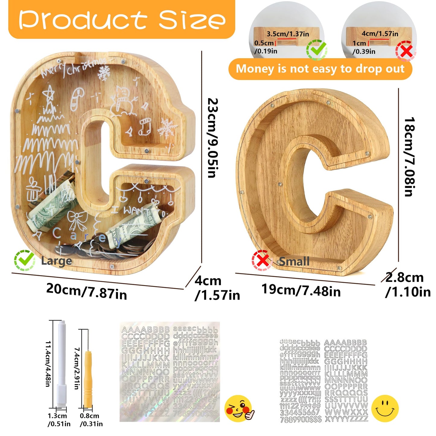 weallbuy Large Letter Piggy Bank for Kids Boys Girls Wooden Personalized Piggy Banks A-Z with Target Area Clear Alphabet Banknote Coin Banks for Gift Decoration Baptism (C)