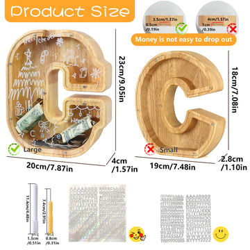 weallbuy Large Letter Piggy Bank for Kids Boys Girls Wooden Personalized Piggy Banks A-Z with Target Area Clear Alphabet Banknote Coin Banks for Gift Decoration Baptism (C)