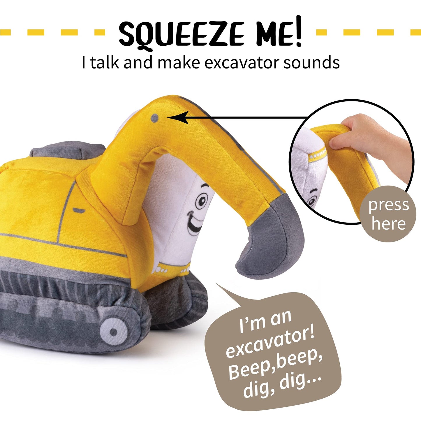 Plush Creations Excavator Toy Figure, Plush Construction Stuffed Truck, Interactive Excavator Truck Toy For Toddlers