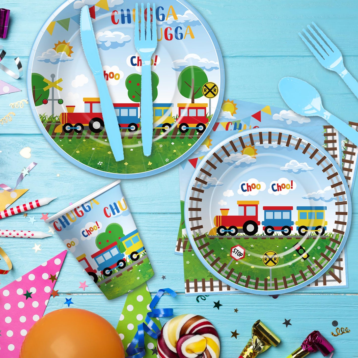 APOWBLS Train Birthday Plates And Napkins Party Supplies Dinnerware, Train Birthday Decorations, Plate, Cup, Napkin, Fork, Train
