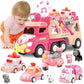 seveclotree 9 in 1 Carrier Truck Cars Toys for Girls Toddlers,Pink Princess Girl Car with Light and Sound,Toddler Girl Toys Age