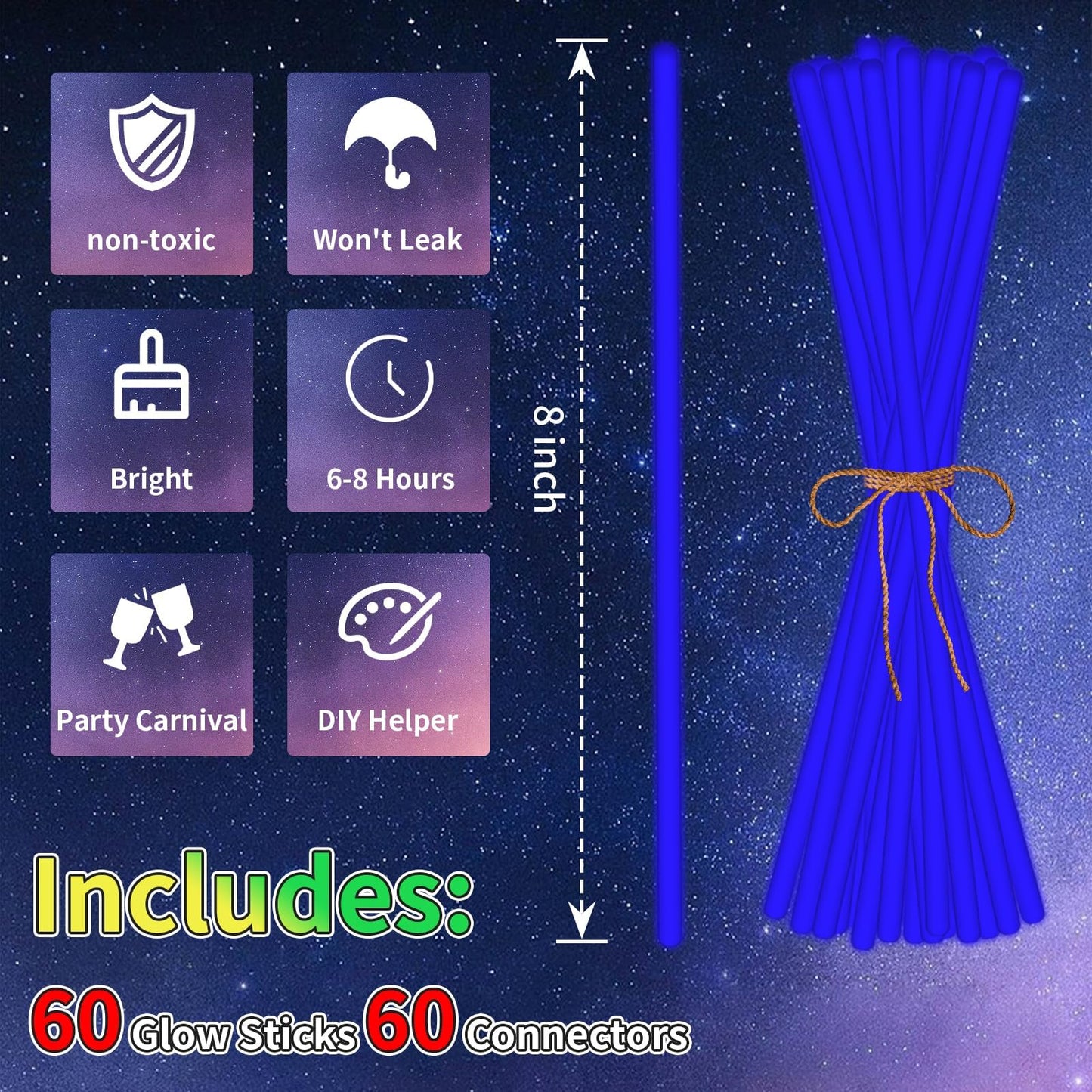Taikula 60 Pack 8    Blue Glow Sticks Bulk with 60 Connectors Neon Glow In The Dark Party favors Supplies for Holiday Birthday P