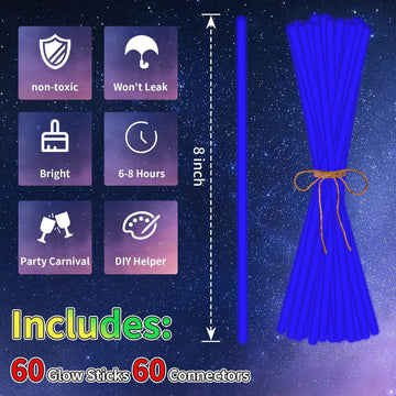 Taikula 60 Pack 8    Blue Glow Sticks Bulk with 60 Connectors Neon Glow In The Dark Party favors Supplies for Holiday Birthday P