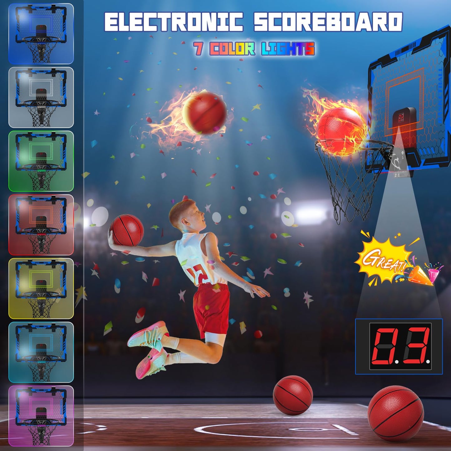 Remote Control Basketball Hoop Indoor For Kids, Over Door Basketball Hoop With Electronic Scoreboard, Mini Basketball Hoop With
