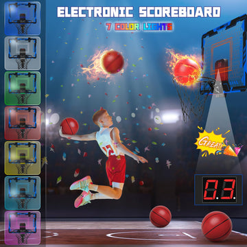 Remote Control Basketball Hoop Indoor For Kids, Over Door Basketball Hoop With Electronic Scoreboard, Mini Basketball Hoop With