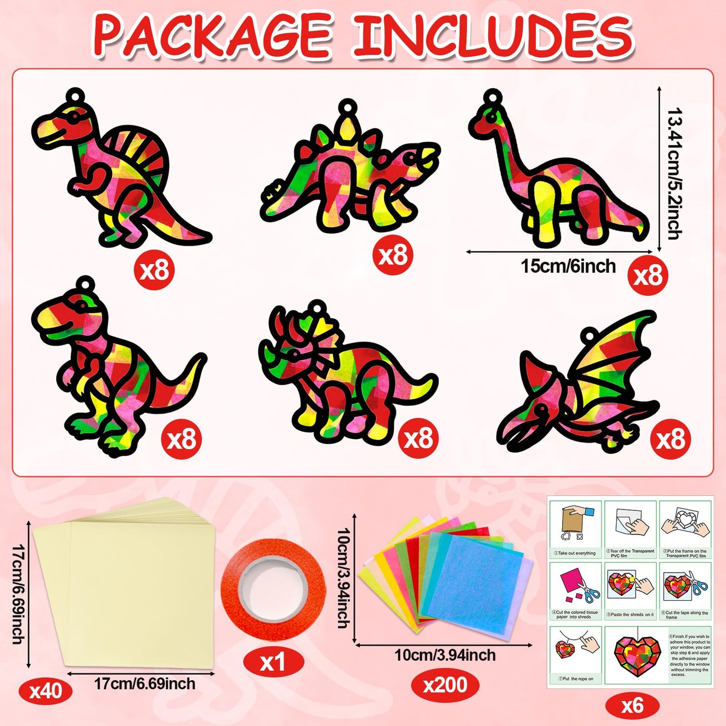 Qyeahkj 36 Set Dinosaur Suncatchers Crafts for Kids DIY Dinosaur Tissue Paper Crafts Window Stained Glass Effect Dino Hanging De