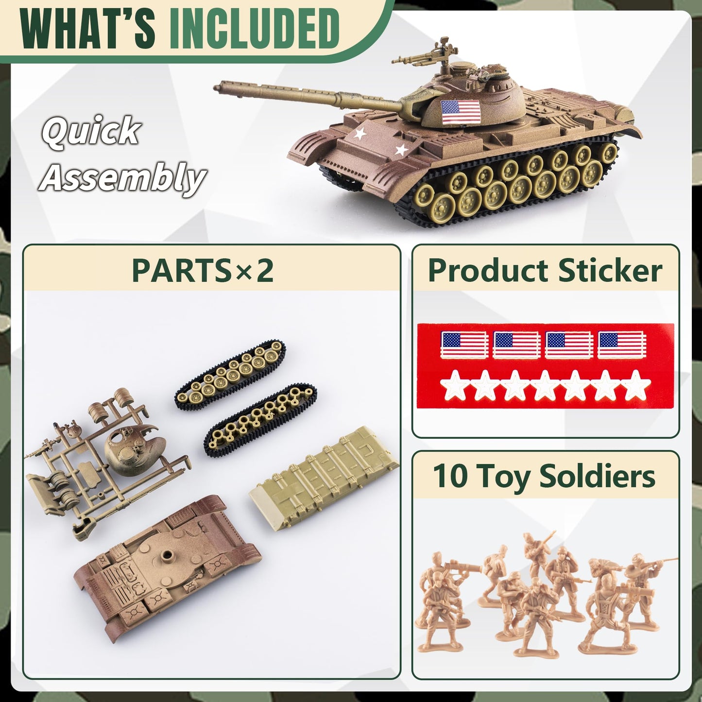 Maozyhomie 1:72 Ww2 Army Tank And Army Men Toys Playset, 2Pc Us Desert Tan Tank-2 Models With 10Pc Toy Soldiers, Rotating Turret