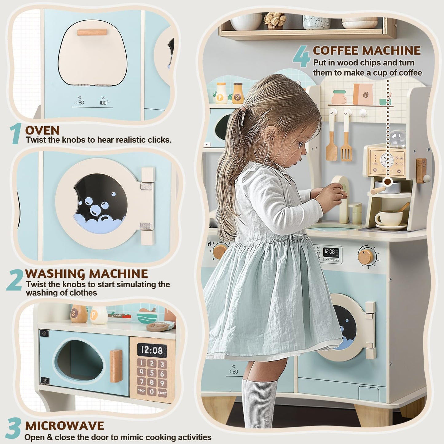 Ktaxon Wooden Play Kitchen For Kids, Pretend Kitchen Playset With Coffee Maker, Toy Washing Machine & Cooking Set Accessories Fo
