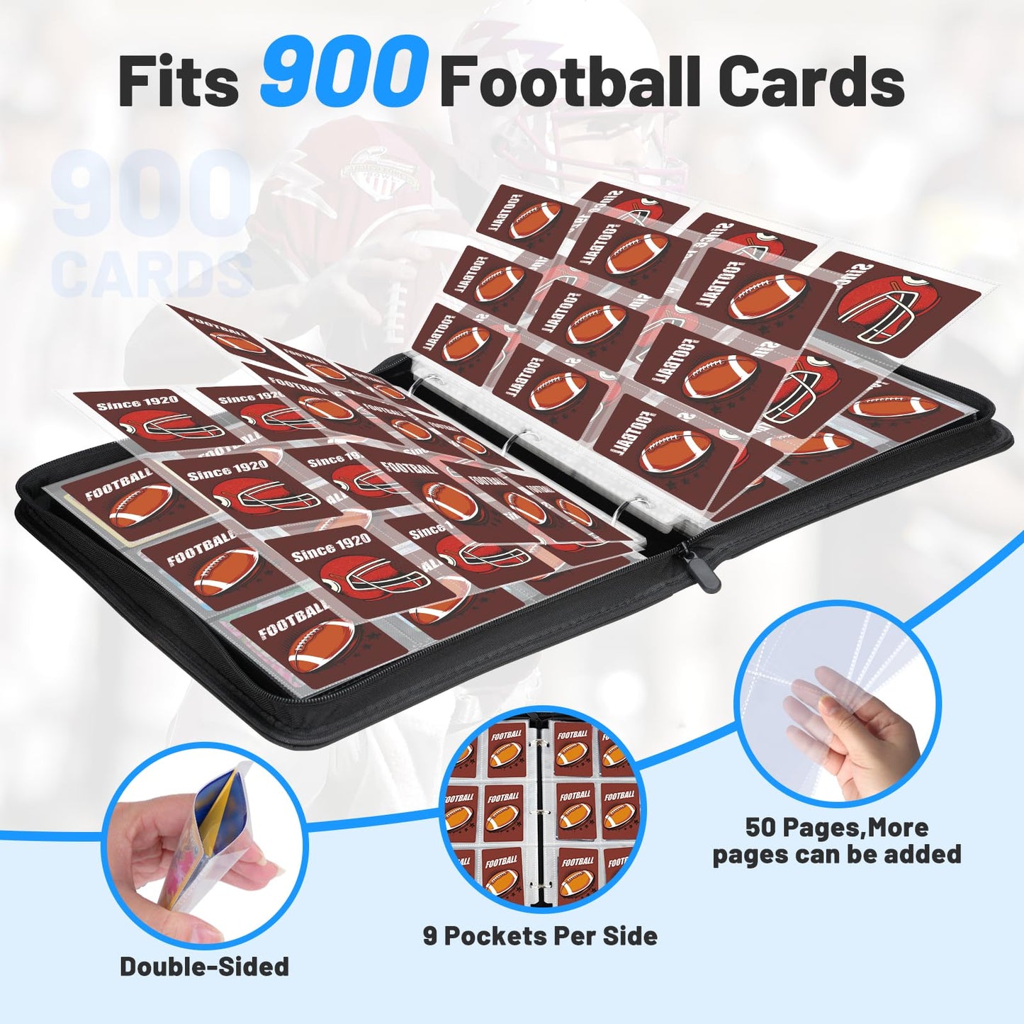 Football Card Binder  Trading Sports Card Binder Holder 900 Pockets with 50 Removable Pages  9 Pocket Collector Album Storage Double Sided enhanced Folder Book Case Gift for Boys And Girl(Brown)