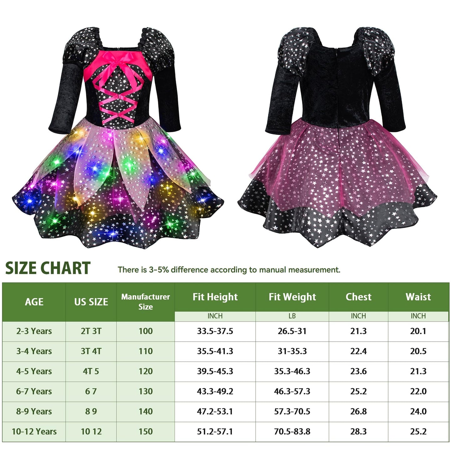 Light-Up Witch Costume for Little Girls Halloween Dress Up - Pink&Black Glowing Witch Costume Party Set with Broom & Hat & Wand & Bag & Pantyhose 3T 4T