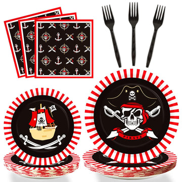 Zoiiwa 96Pcs Pirate Tableware Set Pirate Party Decorations Pirate Ship Bone Halloween Dinnerware Supplies For Adult Teens Kids Decor Party Favor And Disposable Paper Goods,Severs 24