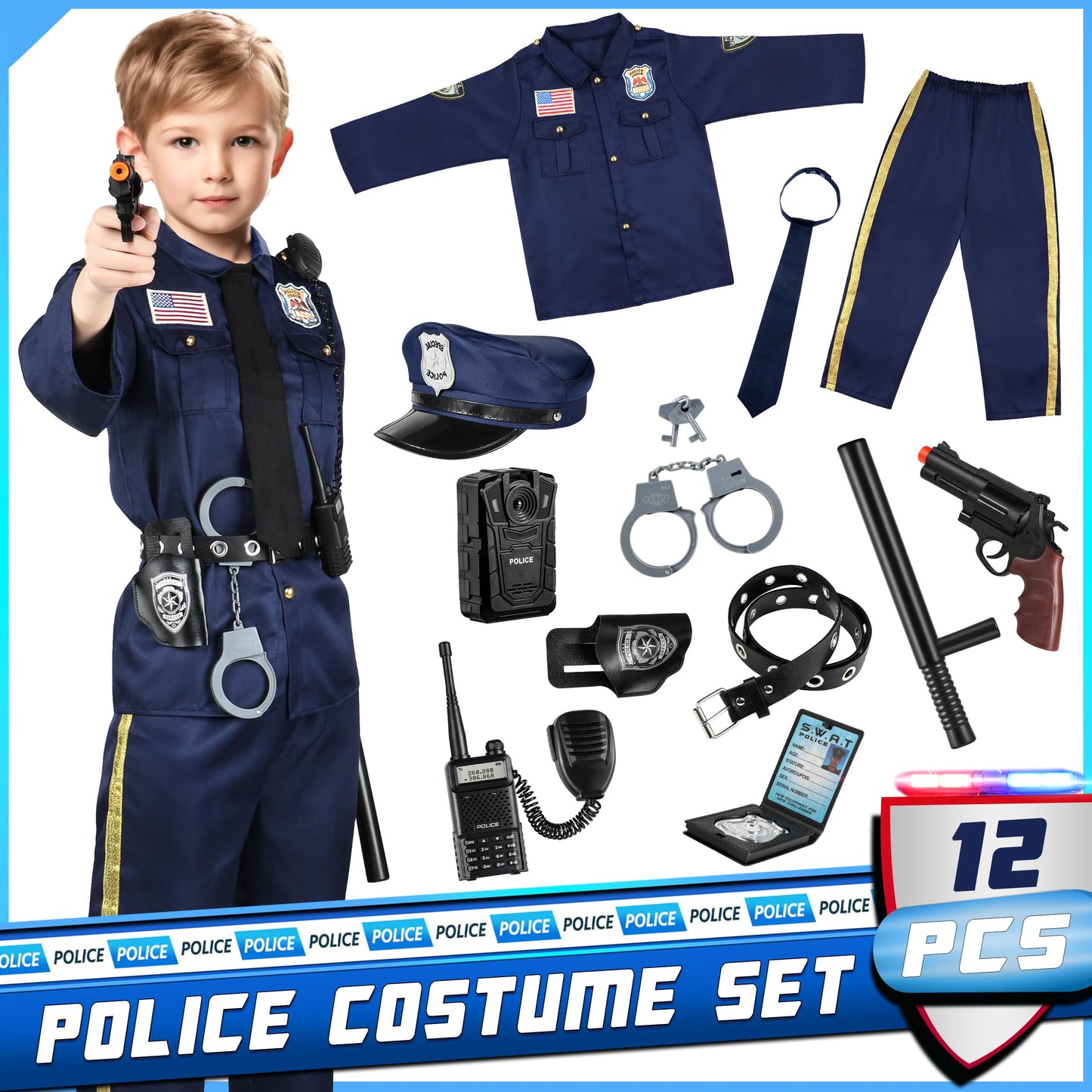 Joycover Police Officer Costume for Kids - Deluxe 13pcs Role Play Kit, L(8-10Y), Polyester, Boys & Girls Halloween Costume