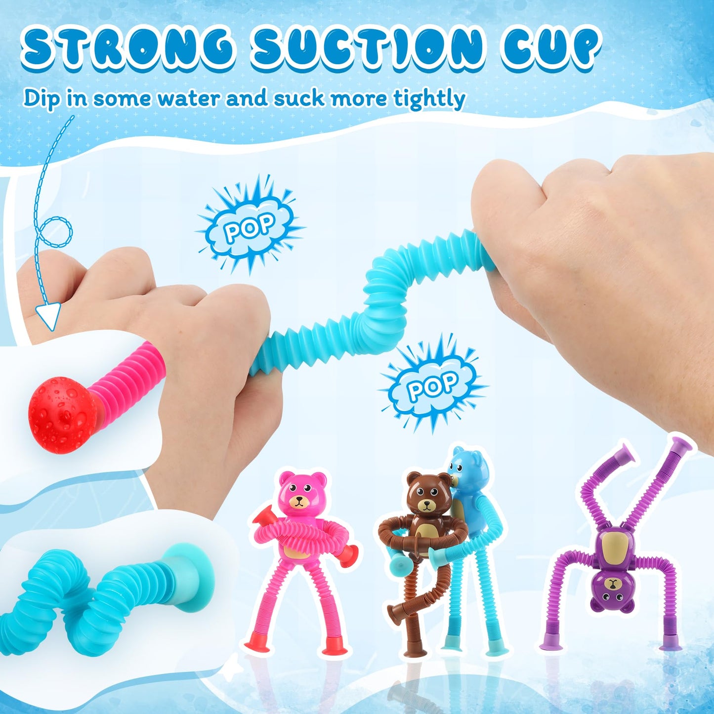 4 Pcs Telescopic Suction Cup Bear Toy,Bear Pop Sensory Tube Toddler Fidget Toys,Bear Party Favors for Kids,Classroom Exchange, S