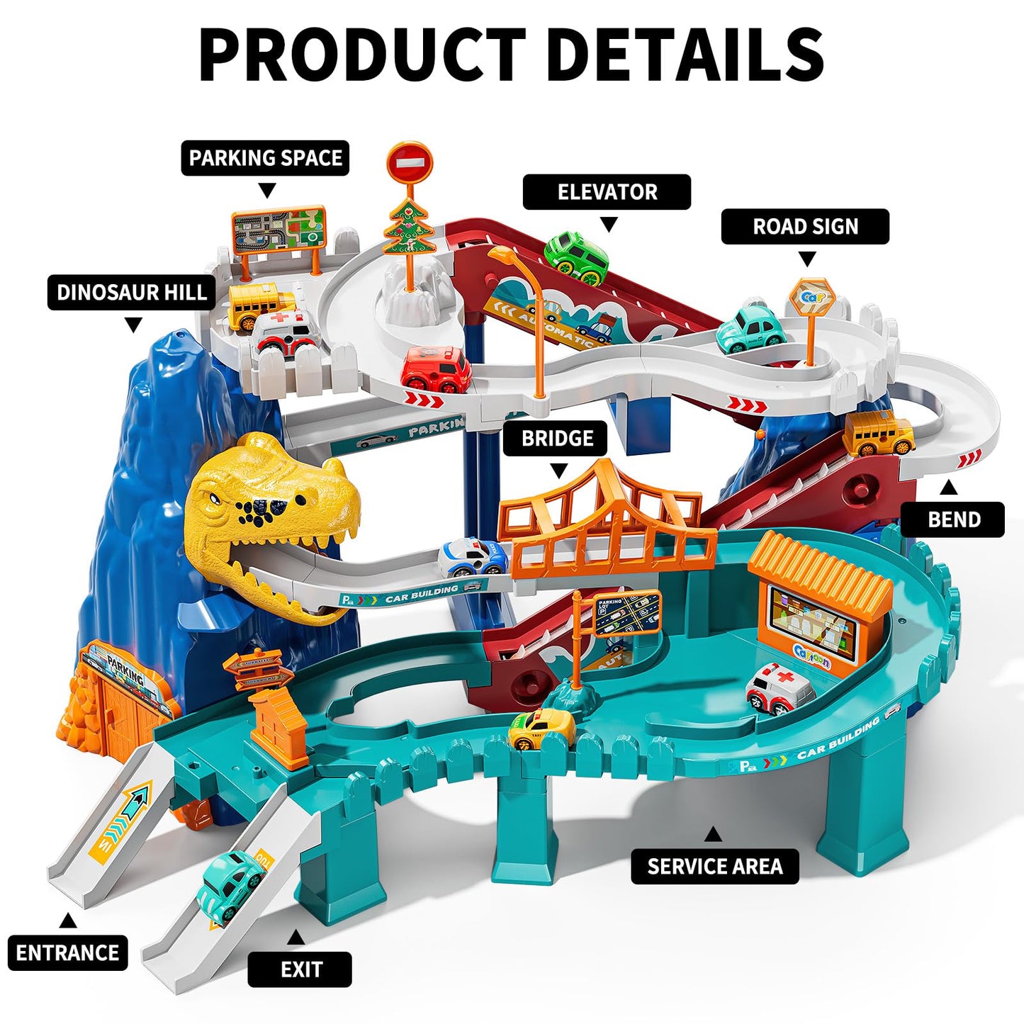 Temi Boys Dinosaur Race Track Playset, Kids Car Garage Parking Adventure Toy With 10 Mini Cars, Educational Toy Ramp Playset For