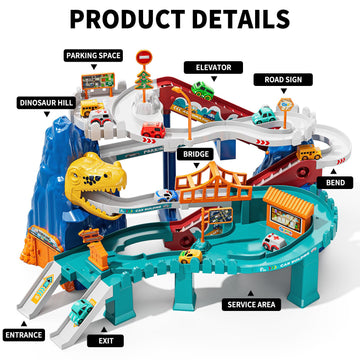 Temi Boys Dinosaur Race Track Playset, Kids Car Garage Parking Adventure Toy With 10 Mini Cars, Educational Toy Ramp Playset For