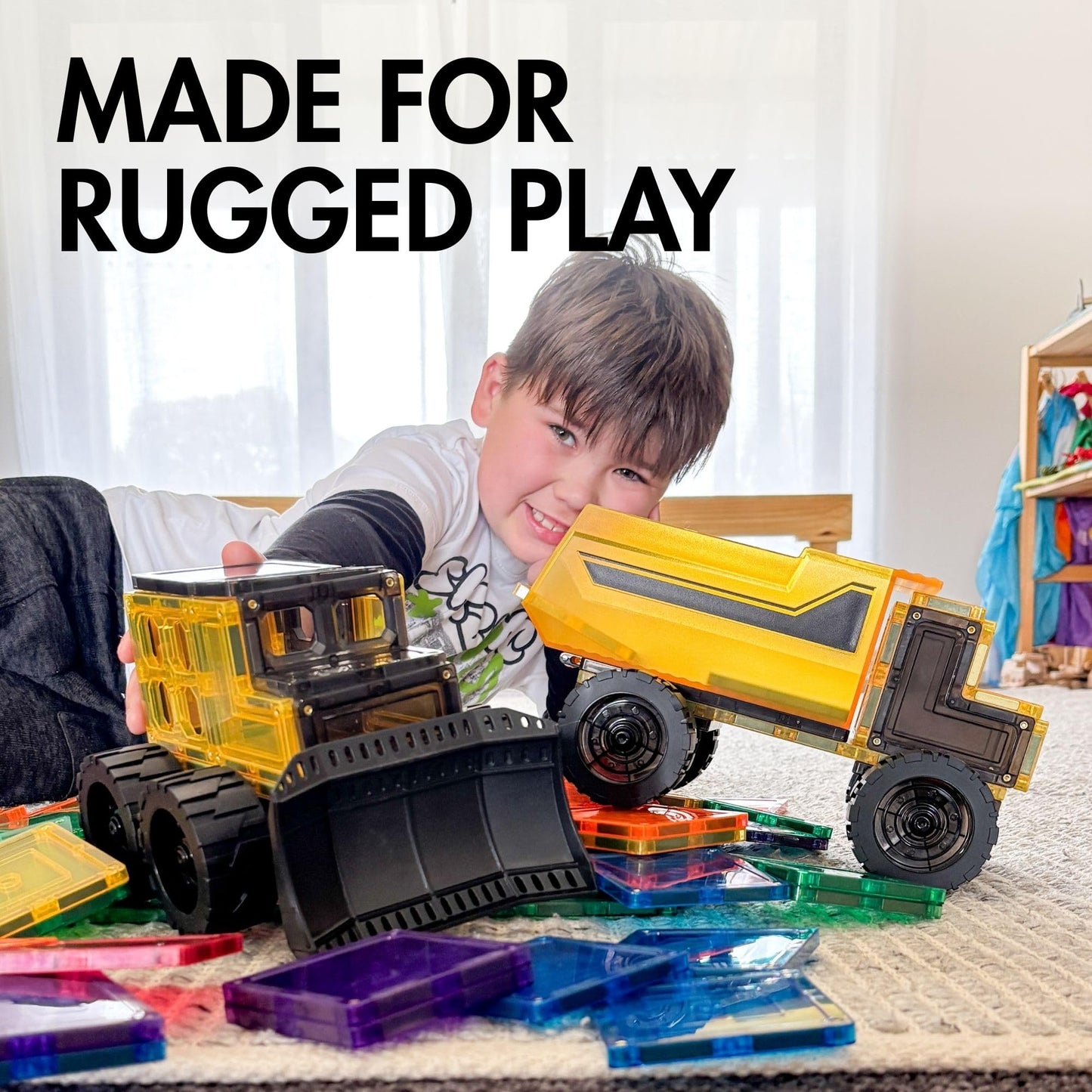 Learn & Grow Mega Movers - Magnetic Tiles Construction Trucks - Magnetic Build A Truck Set With 2 Jumbo Magnet Car Vehicles & Mo