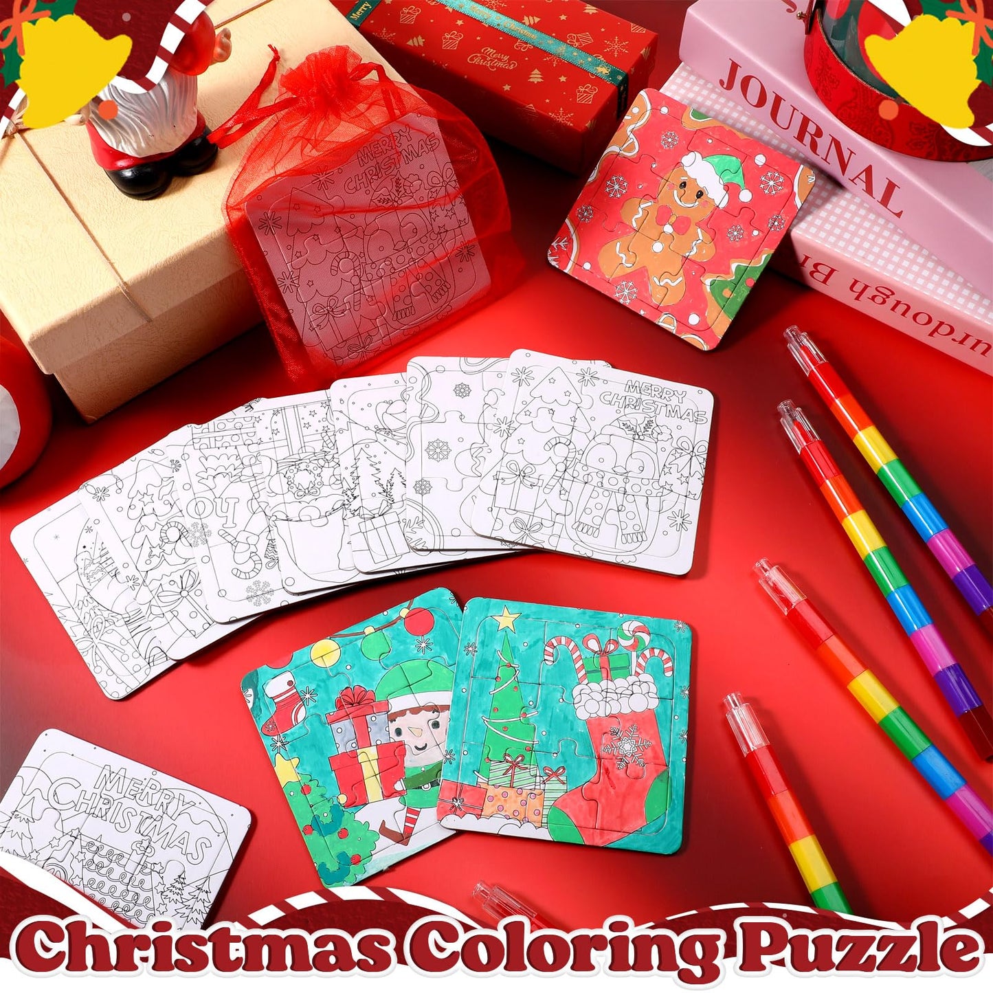 Fullhawl 12 Sets Christmas Puzzles Color Your Own Puzzles DIY Jigsaw Crafts with 12 Stackable Crayons and 12 Bags for Learning Education Toys Gifts Prizes Birthday Party Supplies(12  Christmas)