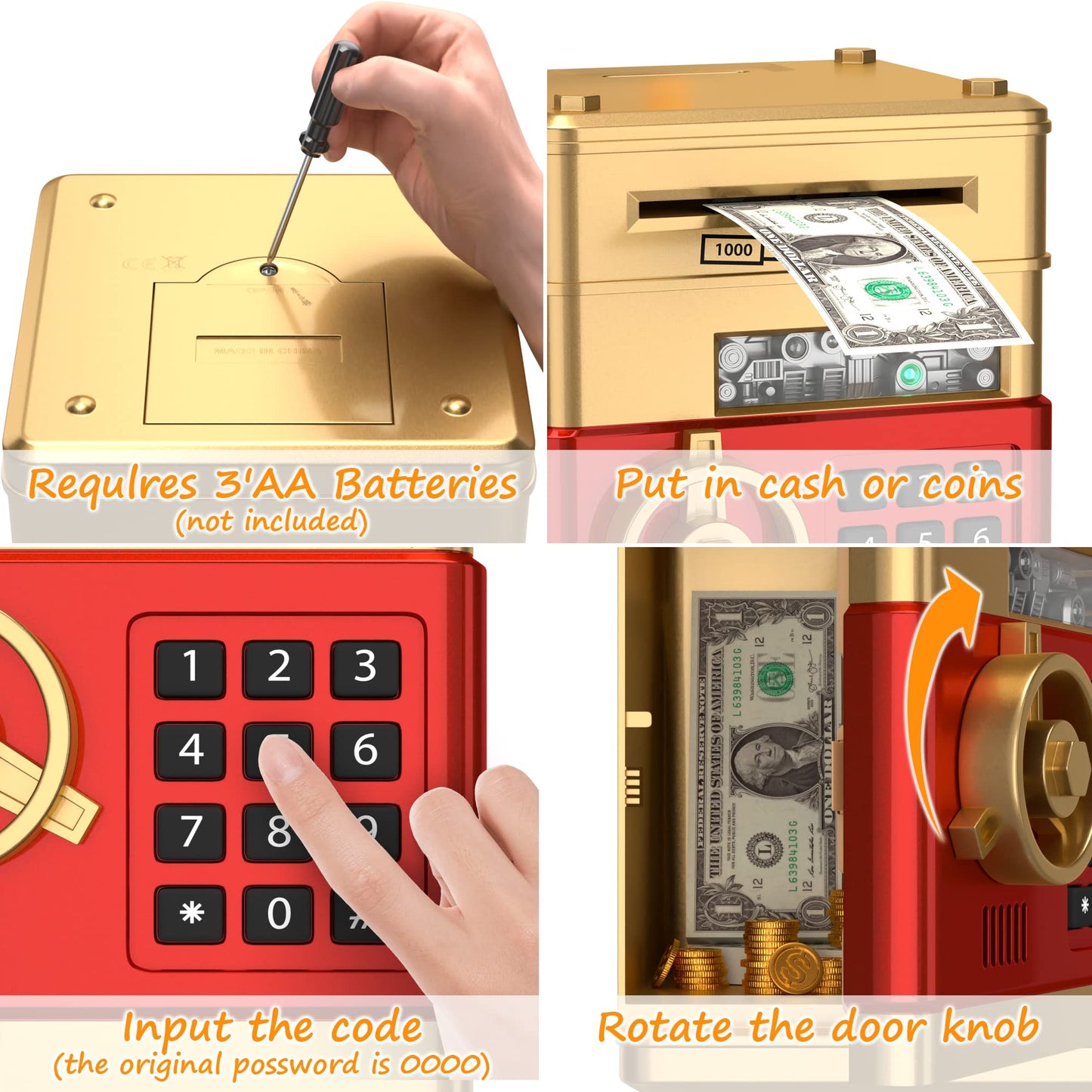 Atm Piggy Bank For Boys Girls, Electronic Money Bank With Password, Auto Scroll Paper Money Saving Box,Kids Safe Money Jar, Great Gift Toy Bank For Kids (Gold Red)