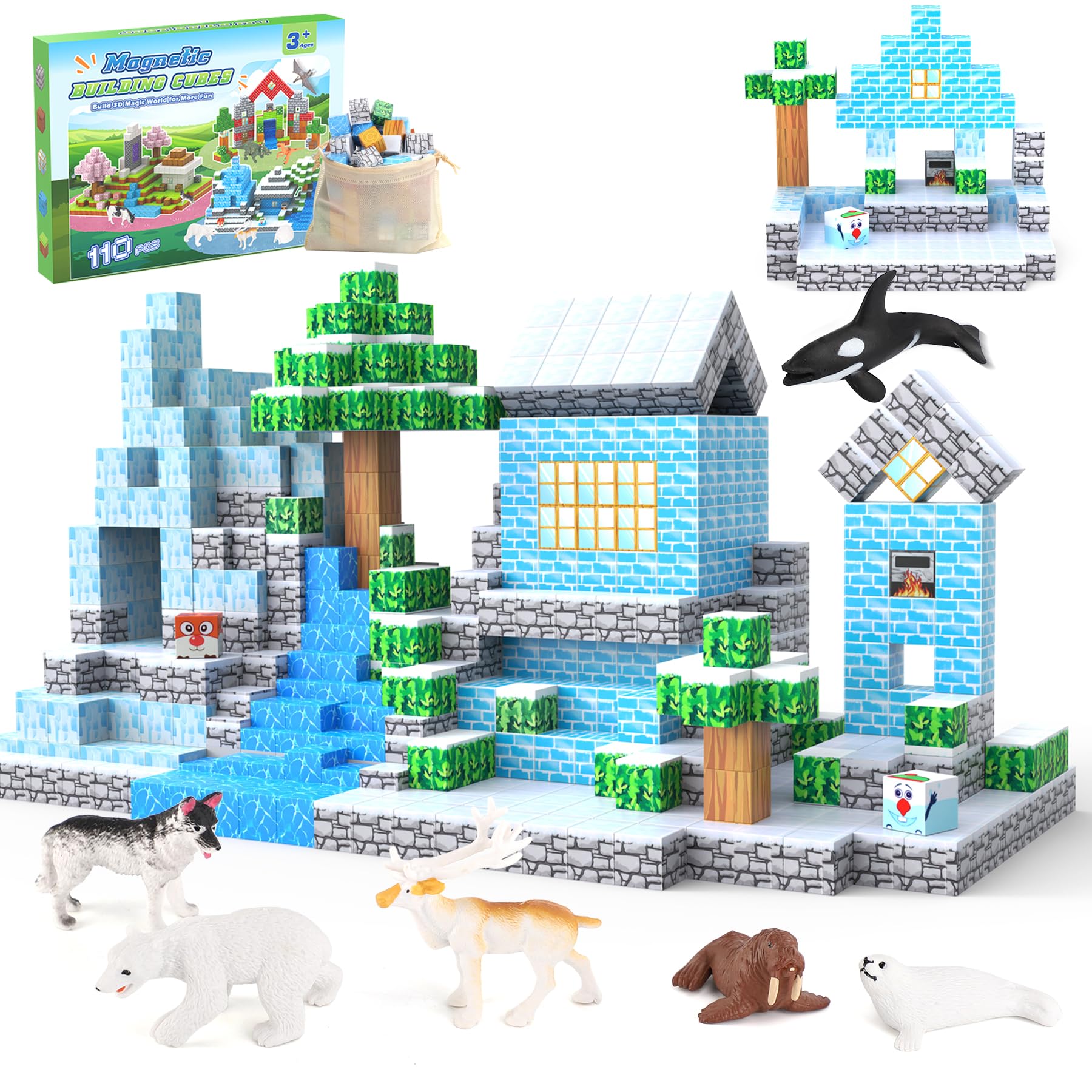 Magnetic Blocks 110Pcs With 6 Animal Toys, Mine Frozen Snow Magnet World Building Blocks Set, Toys For Boys & Girls Age 4-6,5-7,