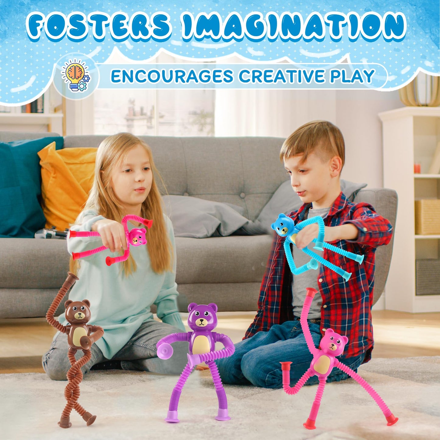 4 Pcs Telescopic Suction Cup Bear Toy,Bear Pop Sensory Tube Toddler Fidget Toys,Bear Party Favors for Kids,Classroom Exchange, S