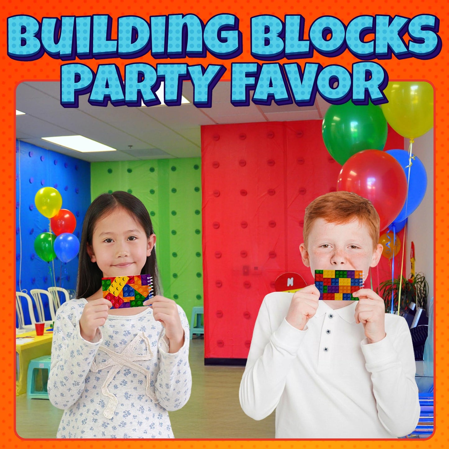 Bedwina Mini Building Block Notebooks, Assorted Brick Styles, Pocket Size, Bulk of 32, Plastic Spiral Notepads for Kids’ Parties and Rewards