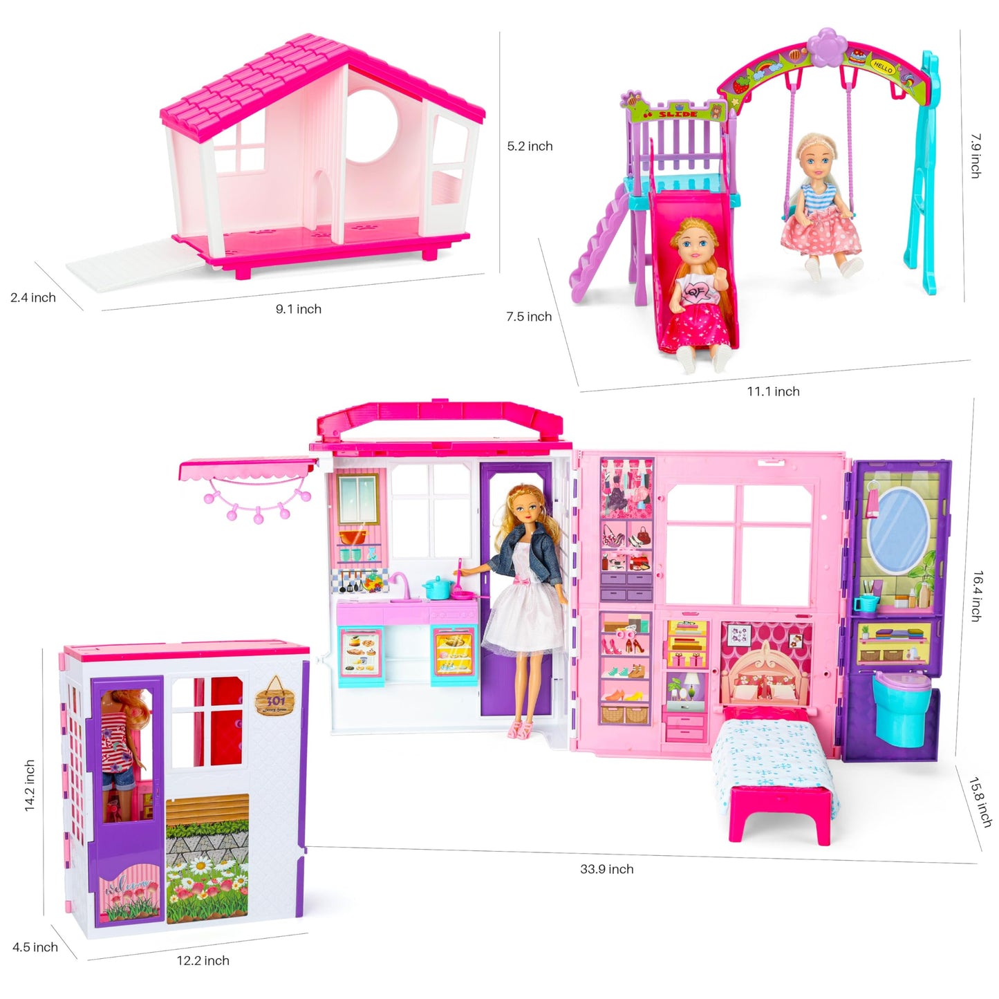 Style Shine Doll House Portable & Foldable Dollhouse W/ 60+ Pcs & 2 Dolls, Play House Toy With Bedroom Bathroom Kitchen Furnitur