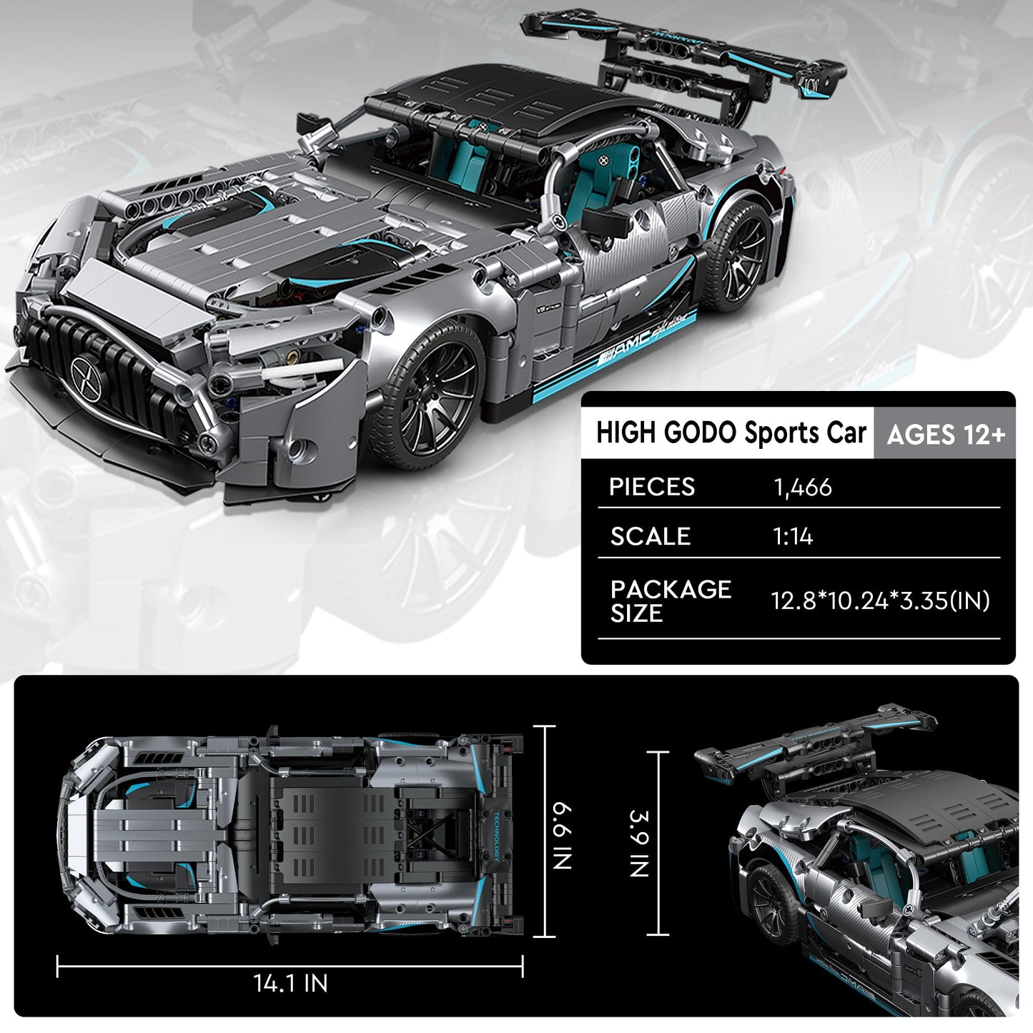 HIGH GODO Racing Car Building Kit, 1:14 MOC Super Sports Car, 1466pcs, Grey, Plastic Model 23009 for Adults & Kids