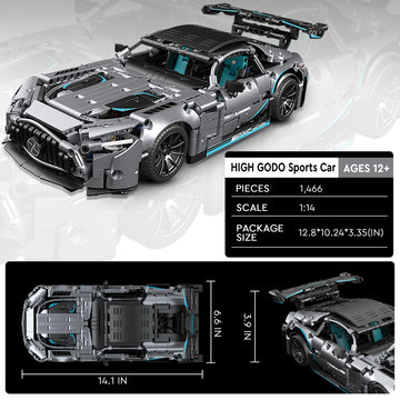 HIGH GODO Racing Car Building Kit, 1:14 MOC Super Sports Car, 1466pcs, Grey, Plastic Model 23009 for Adults & Kids