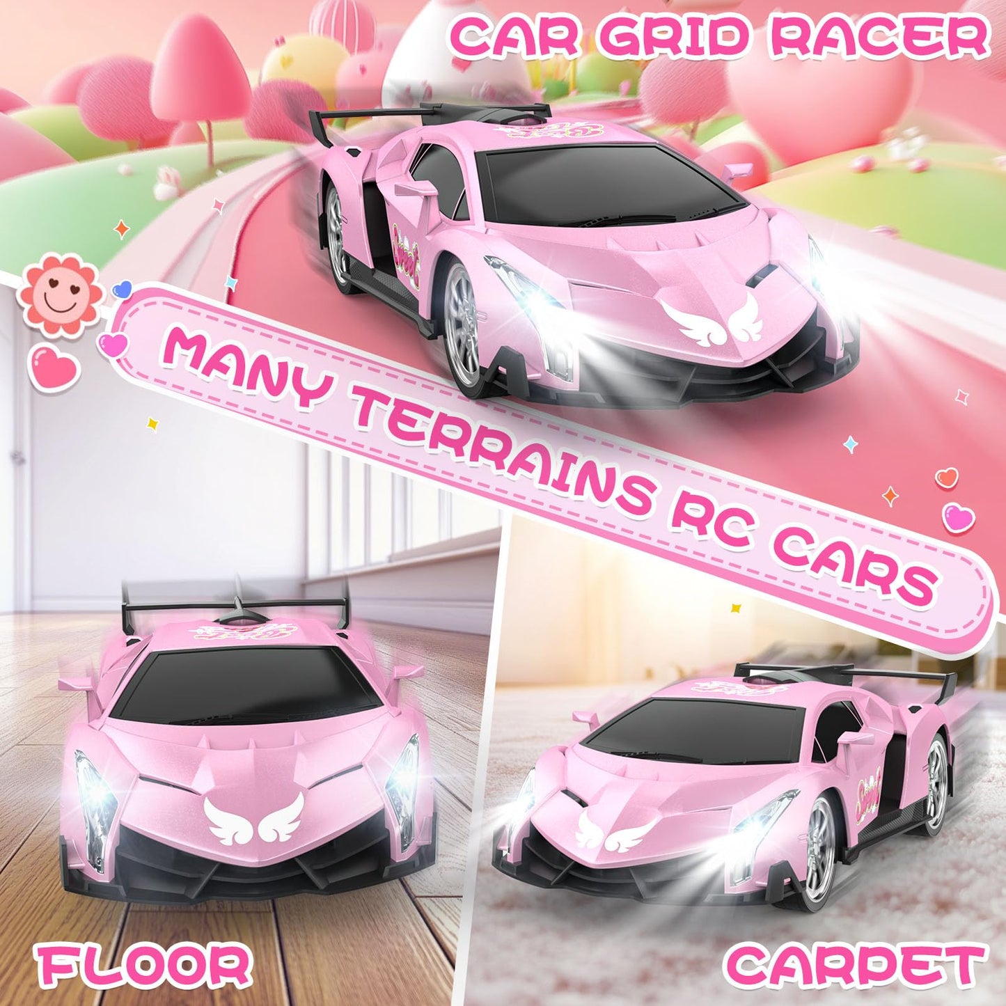 Growsland Remote Control Car for Girls, 1:18 Pink RC Cars Toys for Kids Girl Electric Vehicle Toy Car Hobby Racing Car with Ligh