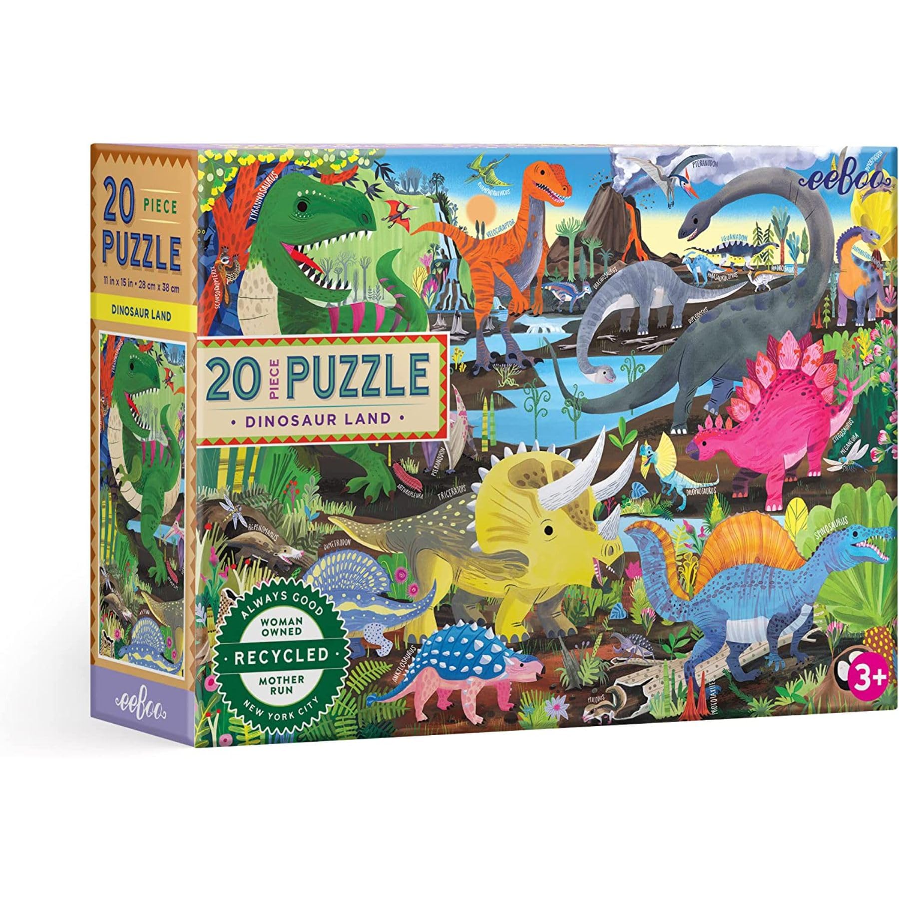 eeBoo: Dinosaur Land 20 Piece Jigsaw Puzzle, Multi, Perfect Project for Little Hands, Aids in Development of Pattern, Shape, and