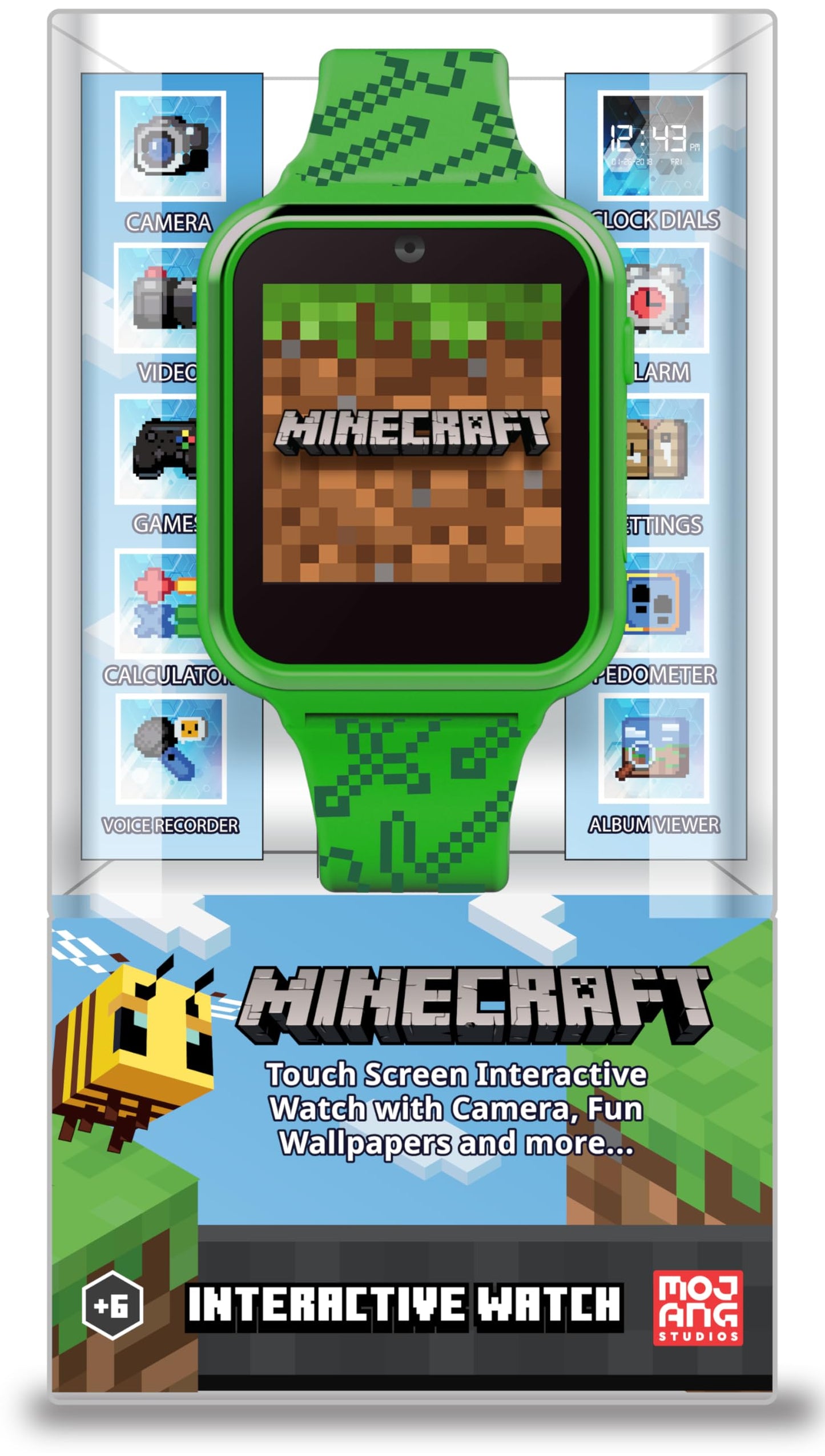 Accutime Microsoft Minecraft Green Educational Learning Touchscreen Smart Watch Toy For Boys, Girls, Toddlers - Selfie Cam, Learning Games, Alarm, Calculator, Step Tracker & More! (Model: Min4045Az)
