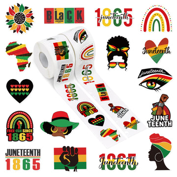 A1Diee Black Juneteenth 1865 Stickers - 1000Pcs In 2 Rolls With 16 Patterns African June 19Th Freedom Self-Adhesive Round Decal For Festival Party Favor Supplies Gifts Water Bottle Laptop Decoration