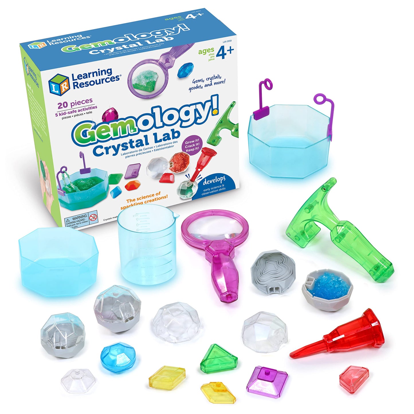Learning Resources Crystal Lab STEM Toy Set for Kids, 20 Pieces, Multi Color, Ages 4+, Model LER2950, Plastic, 25.4 x 22.9 x 11