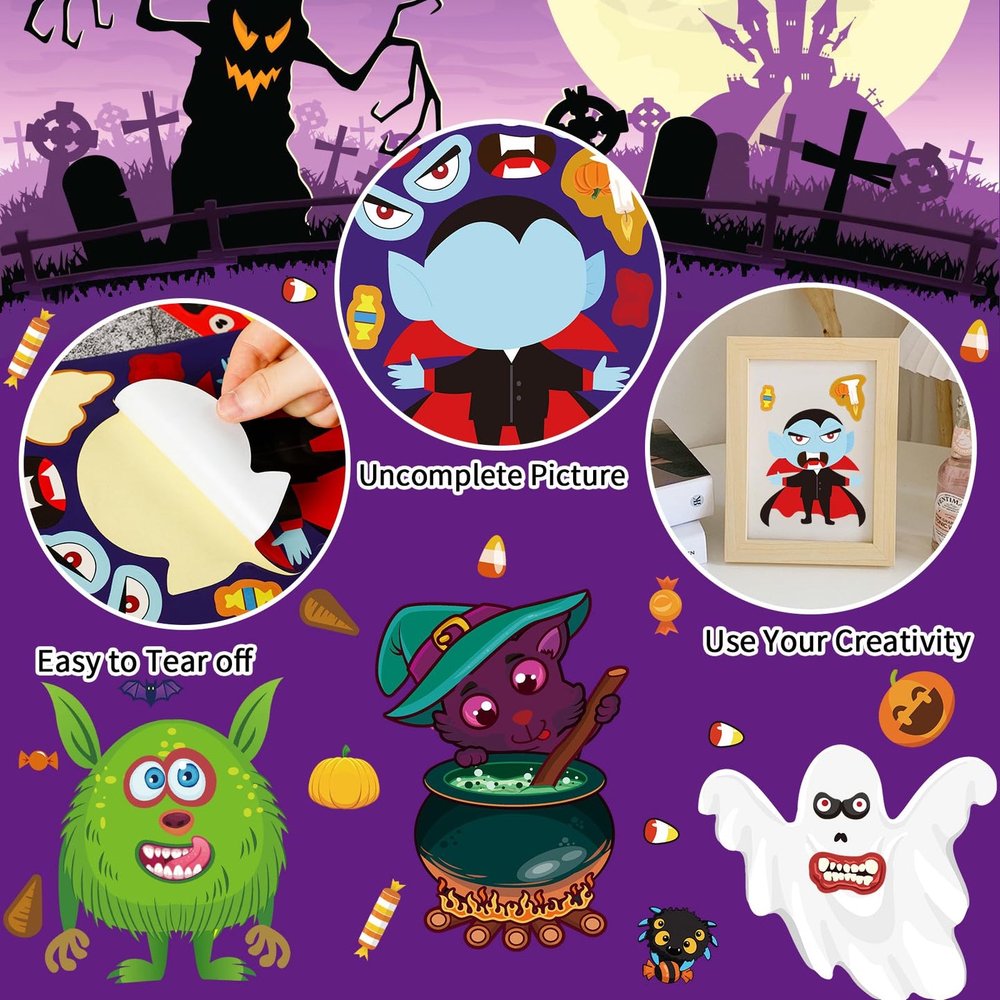 DECYOOL 36 Pack Halloween Stickers, Halloween Make a Face Stickers Vampires Witches Ghost Make Your Own Stickers for Halloween C