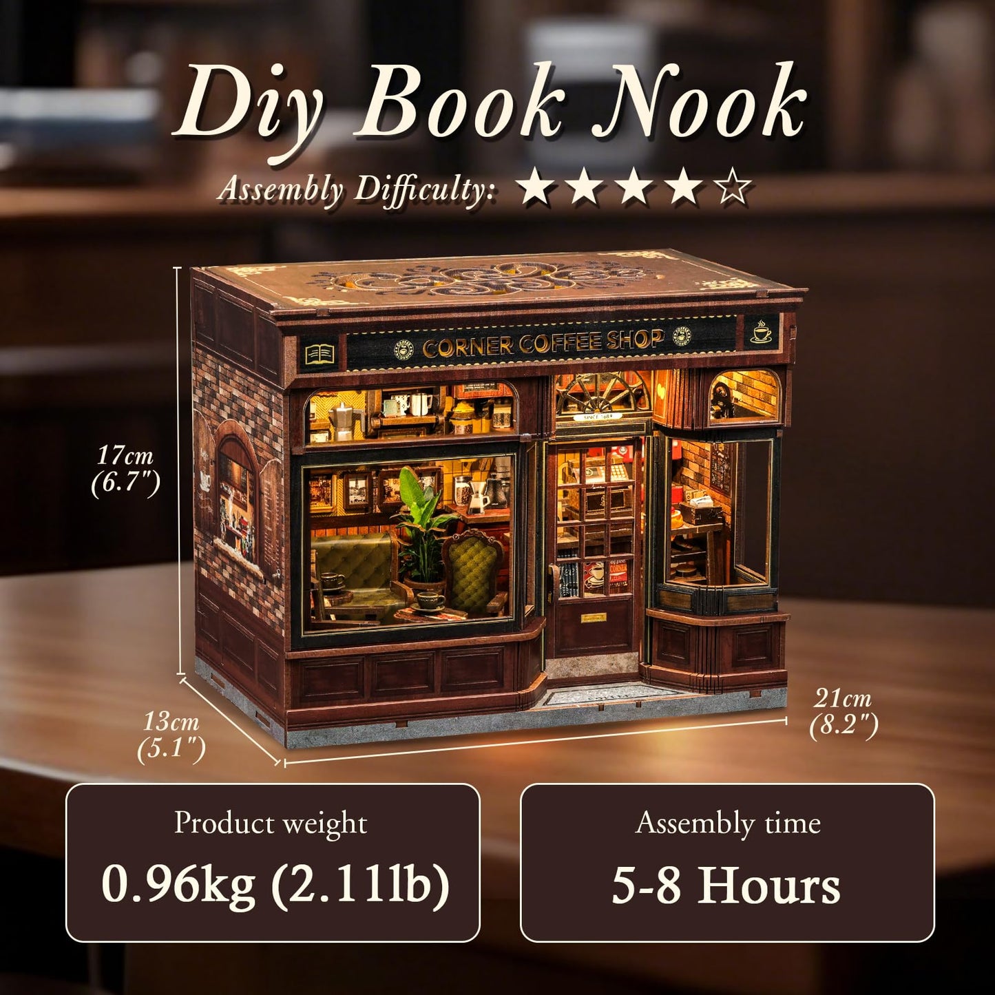 CUTEBEE Book Nook Kit  DIY Miniature House Kits for mature-themed and Teens  Dollhouse Booknook Tiny House  Bookshelf 3D Wooden Puzzle  DIY Craft Gifts for Family and Friends (Corner Coffee Shop)
