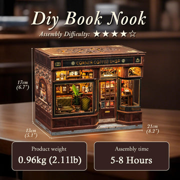 CUTEBEE Book Nook Kit  DIY Miniature House Kits for mature-themed and Teens  Dollhouse Booknook Tiny House  Bookshelf 3D Wooden Puzzle  DIY Craft Gifts for Family and Friends (Corner Coffee Shop)