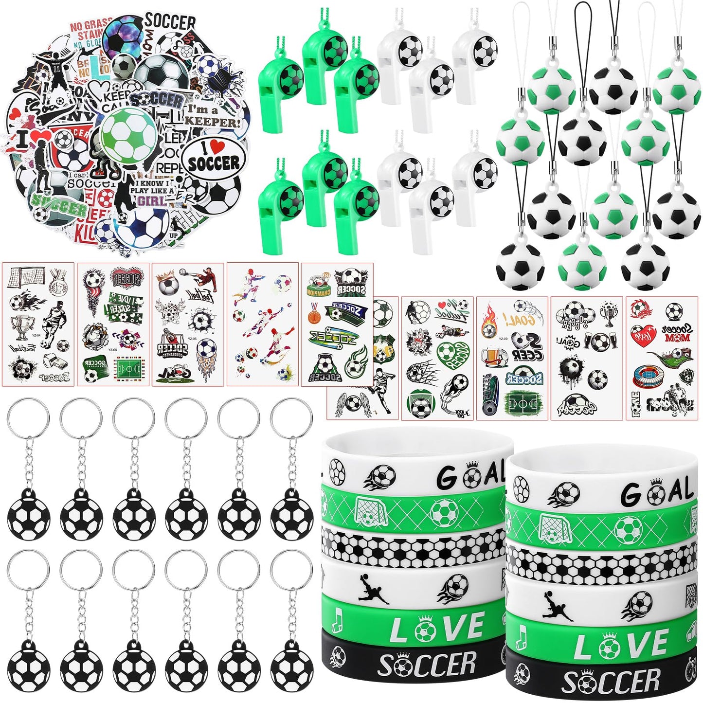 120 Pieces Soccer Party Favors Set, Soccer Goodie Bag Fillers, Soccer Toy Whistle Silicone Bracelet Luminous Tattoo Sticker Temporary Keychain For Soccer Birthday Party Supplies Decorations