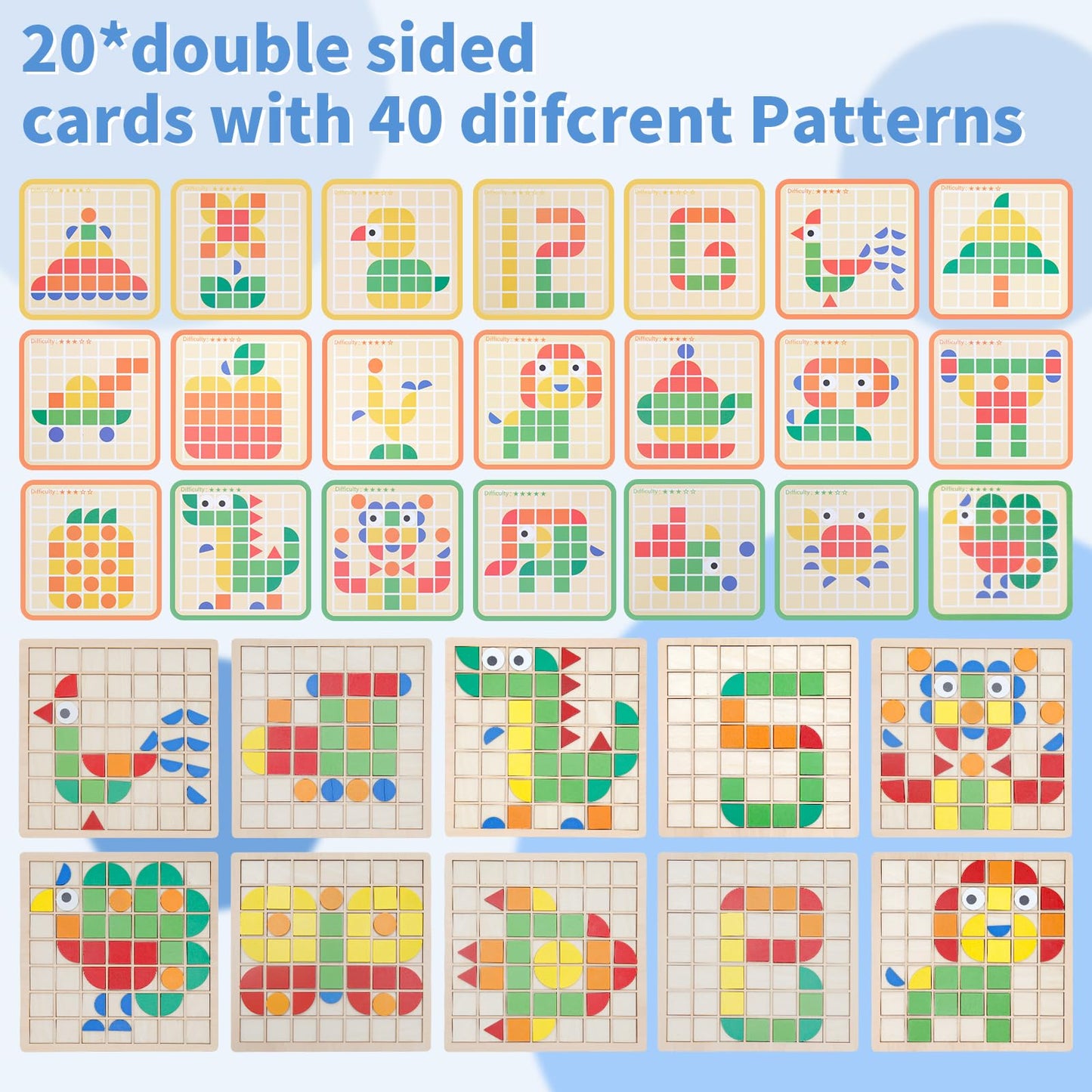 Zycolo Montessori Tangram Educational, Geometric Shapes Puzzle Toys with 120Pcs Wooden Puzzle Blocks and 20Pcs Cards, Colorful P