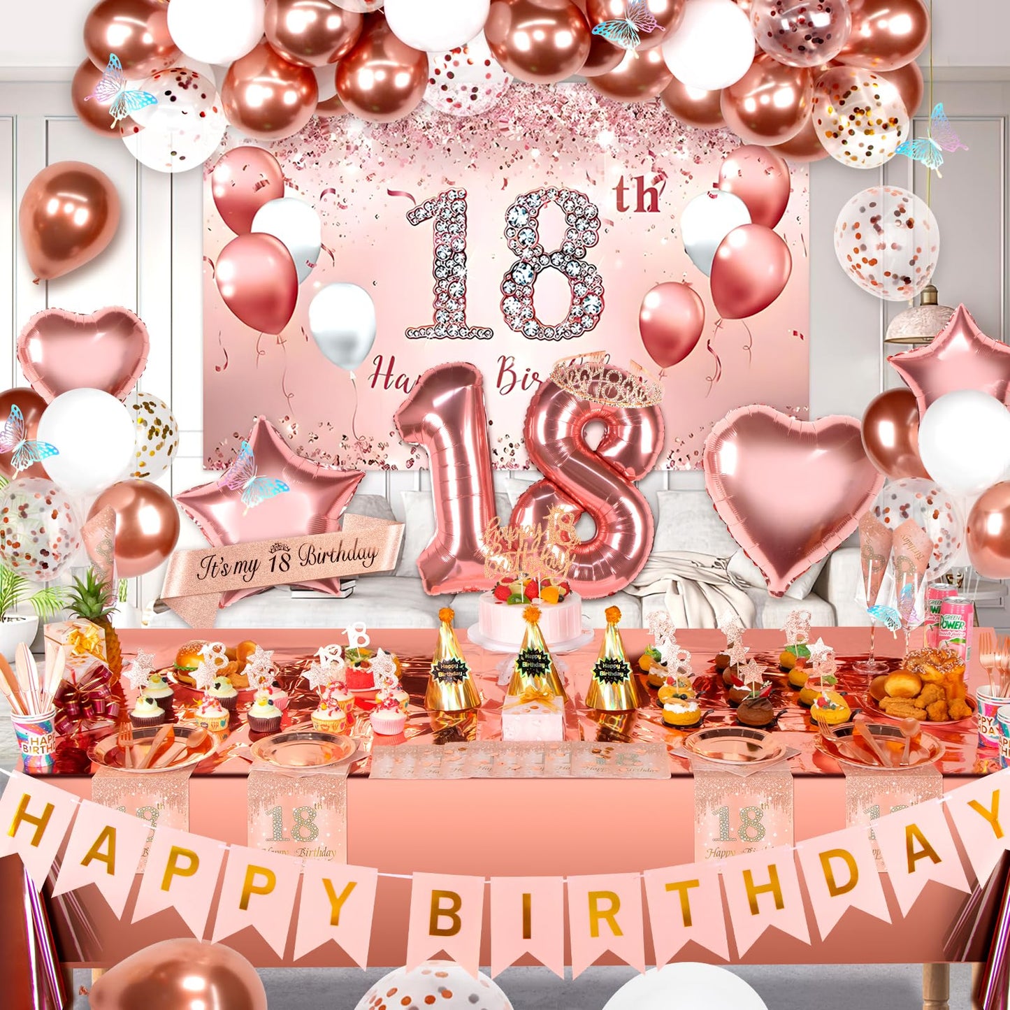 Hjingy 18Th Birthday Decorations For Girls, Rose Gold Party Decorations Include Balloons, Backdrop, Curtains, Banner, Sash, Crow