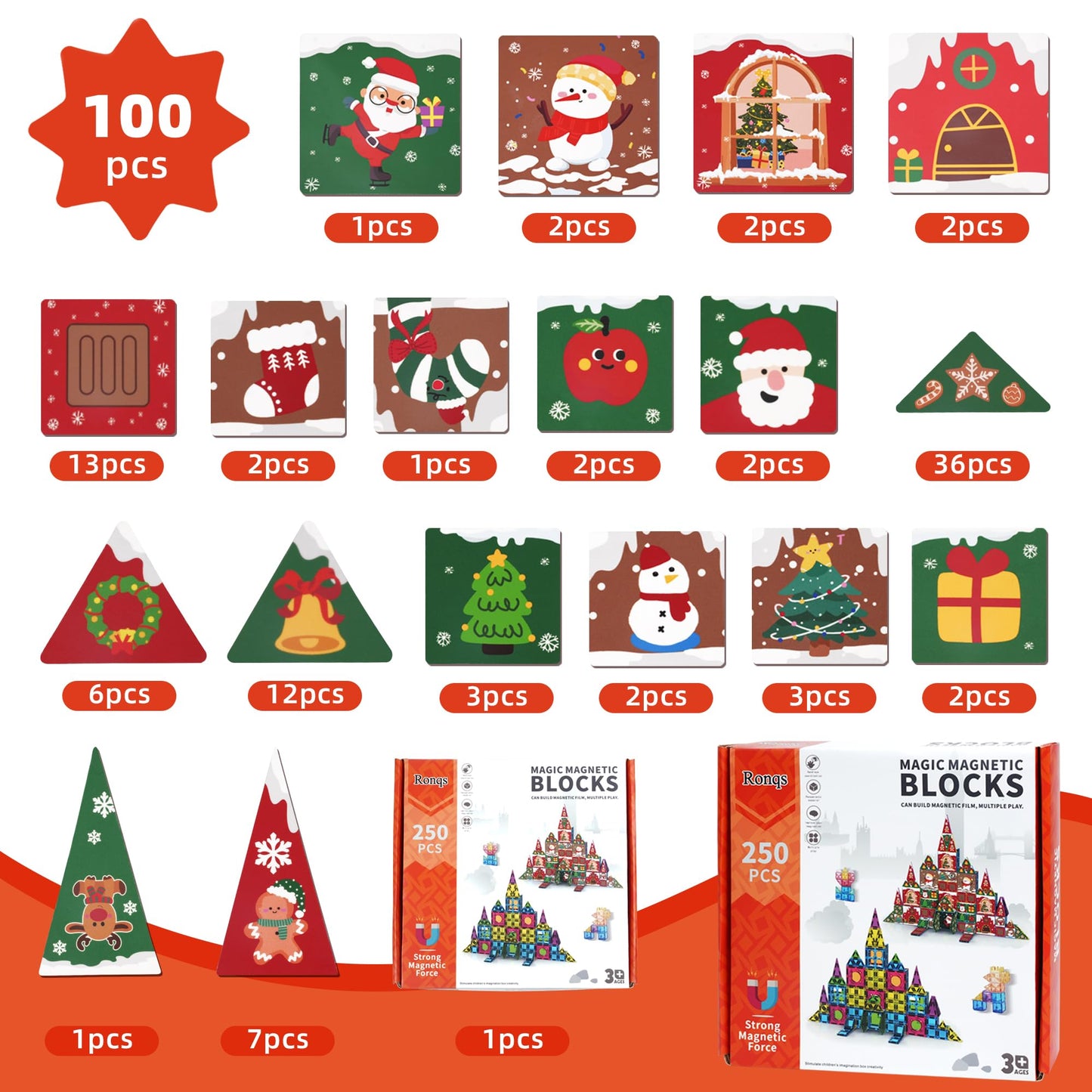 Ronqs 250 PCS Magnetic Tiles for Kids Magnetic Blocks for Kids with Christmas Theme  Magnetic Building Blocks Set  3D SETM Educational Toddler Toys