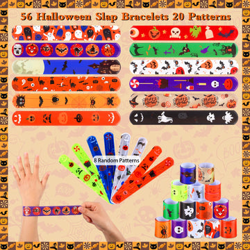 JUNEBRUSHS 56 PCS Halloween Slap Bracelets Halloween Party Favors Snap Bracelets Bulk Halloween Toys for Kids Girls Boys Birthda