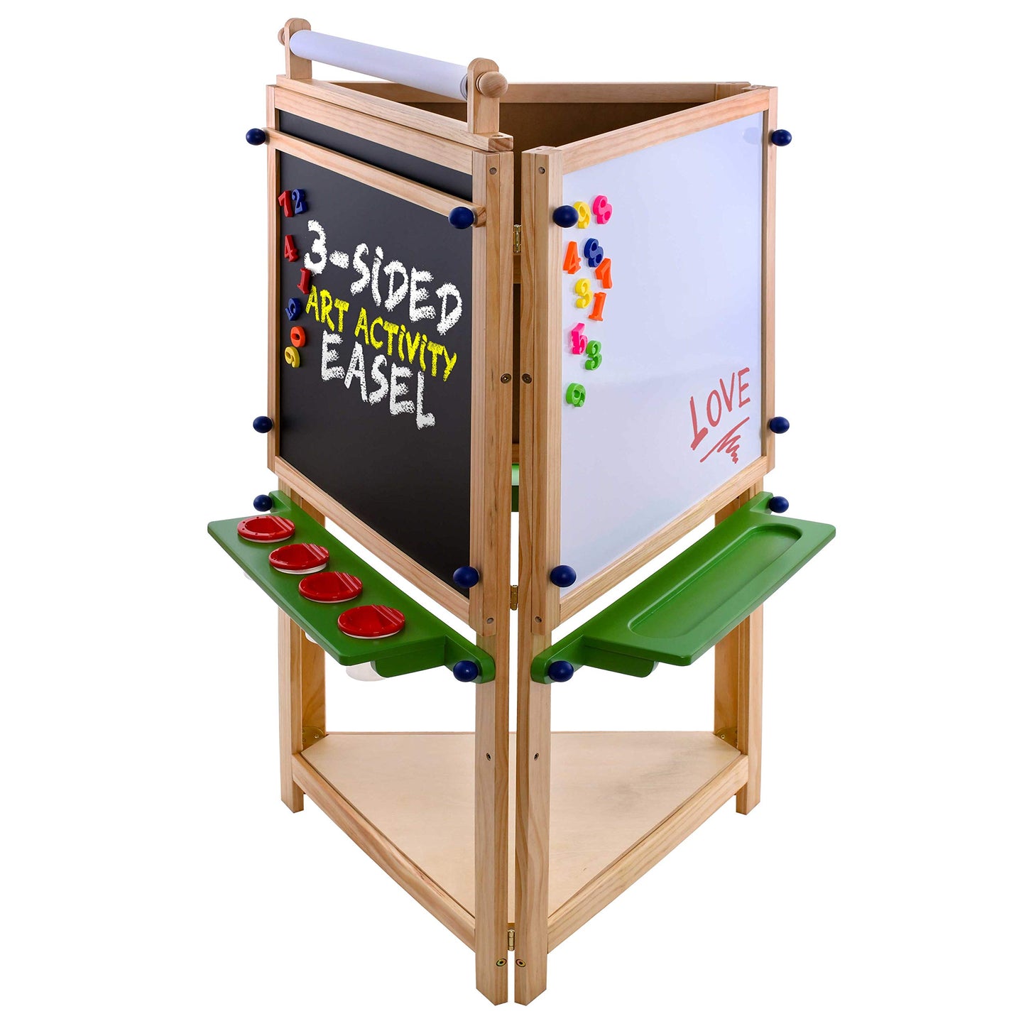 U.S. Art Supply Childrens 3-Sided Art Activity Easel with Chalkboard, Large Paper Roll, Shelf & Plastic Paint Cups