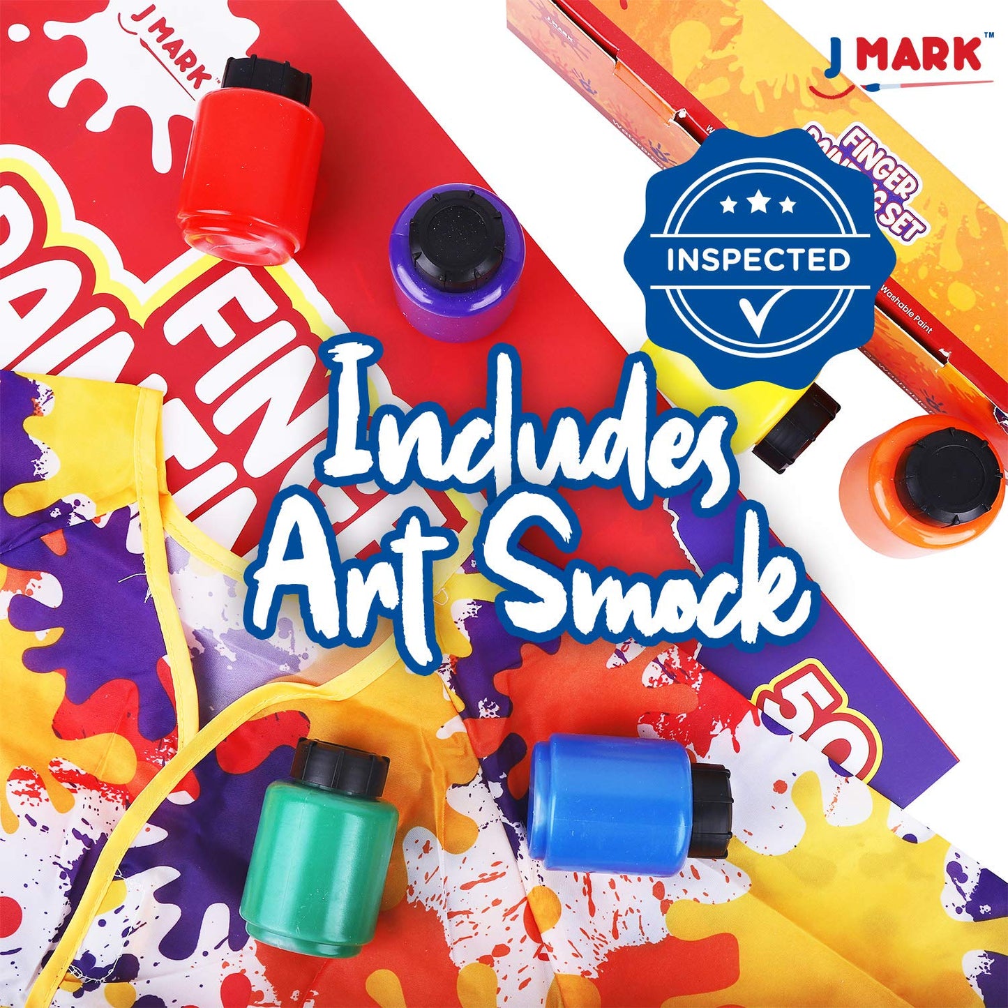 J MARK Complete Toddler Washable Finger Paint Set, Sponge Painting Tools, Large Finger Paint Pad, Tempera Finger Paints, Smock a